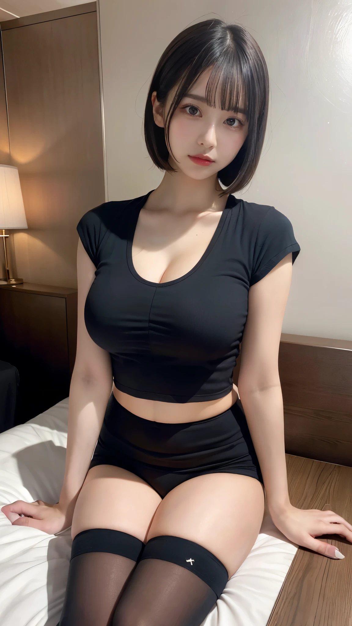 muste piece, best quality, illustration, Super detailed, fine details, High resolution, 8K,wall paper, perfect dynamic composition,(Details High quality, realistic depiction of eyes:1.3),  A girl wearing a black T-shirt, Erotic Shorts, knee high socks, short bob hair, black hair color, Big Natural Color Lip, bold sexy pose, (perfect body shape), crying a little、cold gaze, Harajuku style、20 year old girl、cute type、ta、beautiful legs, hotel room, hposing Gravure Idol, Voluptuous thighs