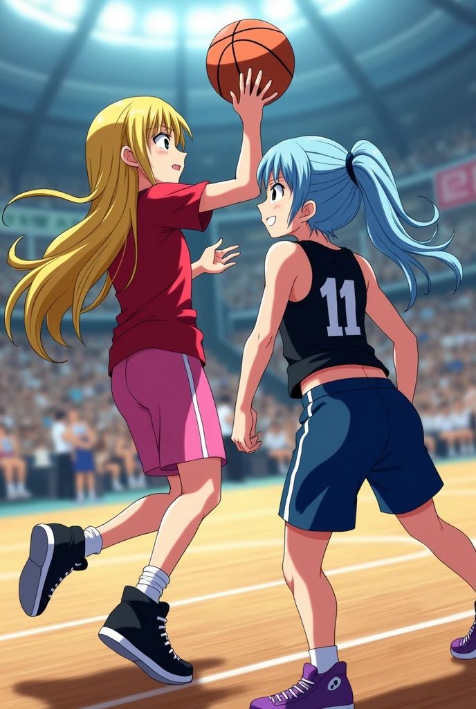Lucy Heartfilia plays basketball with Juvia Lockser. Juvia Lockser is in a defensive position on Lucy Heartfilia. Lucy Heartfilia is on a shoot position.
Lucy Heartfilia is wearing a red T-shirt with pink shorts and black basketball shoes. She has long blond hair, beige skin and brown eyes.
Juvia Lockser wears a black n°11 tank top with light blue shorts and purple basketball shoes. She has long light-blue hair tied back, beige skin and blue eyes.
They are playing in a gymnasium in a real-life basketball game.