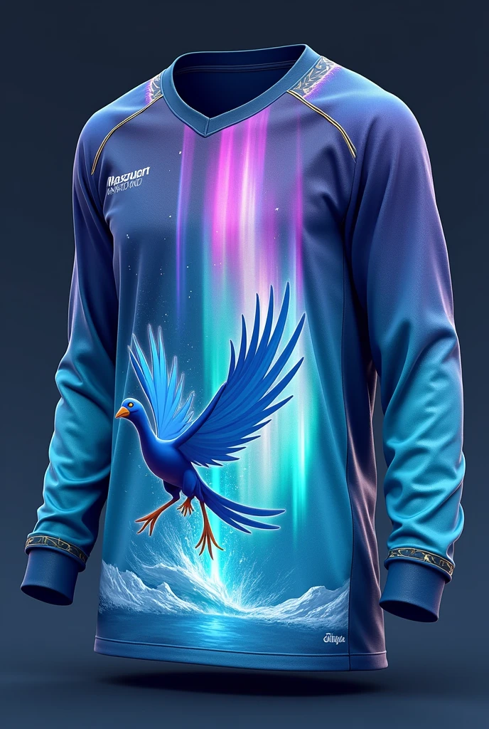 Create a jersey design with following ideas
 
Color Palette: Mix of deep blues, purples, greens, and icy whites, mimicking the aurora borealis.
Articuno and Aurora: Place Articuno in a flying pose on the bottom front of the jersey, with the fading effect 
Gradient Effect: Use a gradient effect to transition from the dark of night to the colorful lights of the aurora as you move down the jersey.
Stars and Ice Crystals: Scatter subtle star patterns and small ice crystals across the jersey, adding a magical feel.
Borders and Cuffs: Use darker, more solid colors for the borders and cuffs to frame the design and make the colors pop.