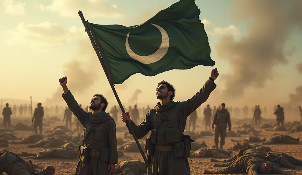 A battle field some Muslim youth holding the flag of Islam looking at the sky and shouting thousands of people are dead behind