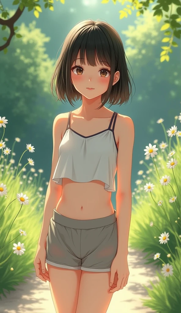 Realistic,8k,masterpiece,Japanese,charm of adolescent,age 9,from below,Innocent face,Calm Eyes,mini casual camisole, short legging,noon,bright,in the garden,shy smile, very pretty, flawless, Anatomically Correct, Blush, 