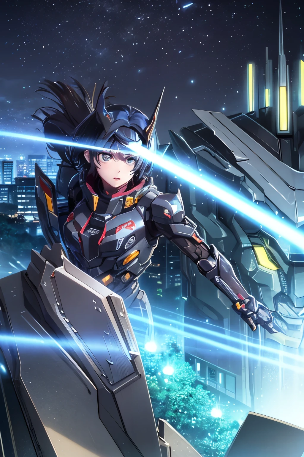 Ruka Sarashina, Optimus Prime Transformers, 1girl, detailed face, beautiful eyes, beautiful lips, realistic, high quality, 8k, photorealistic, hyper detailed, intricate details, complex background, Cybertron landscape, Autobot insignia, futuristic cityscape, Transformer armor, glowing energy effects, cinematic lighting, dynamic pose, epic scale