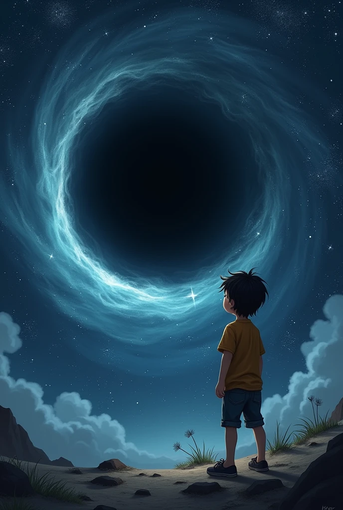 A BOY IN A SPACE ATTRACTED BY THE BLACK HOLL