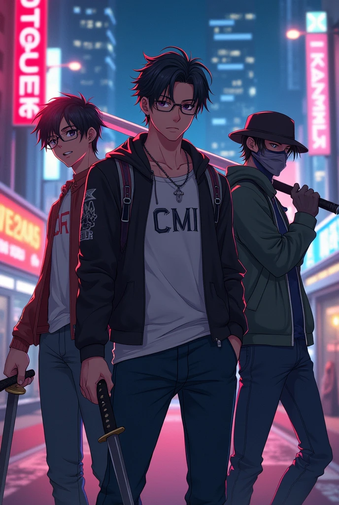 Create three anime character:
character 1: {HD text:“Pras"}, use glasses, use katana;
character 2: {HD text: “Nando"}, use hat, use pistol;
character 3: {HD text: “Doma"}, use mask, use stick baseball;
{{background: capital text:“GLBK”, city night}}, realistic, HDR, handsome, korean style, full body, age 20