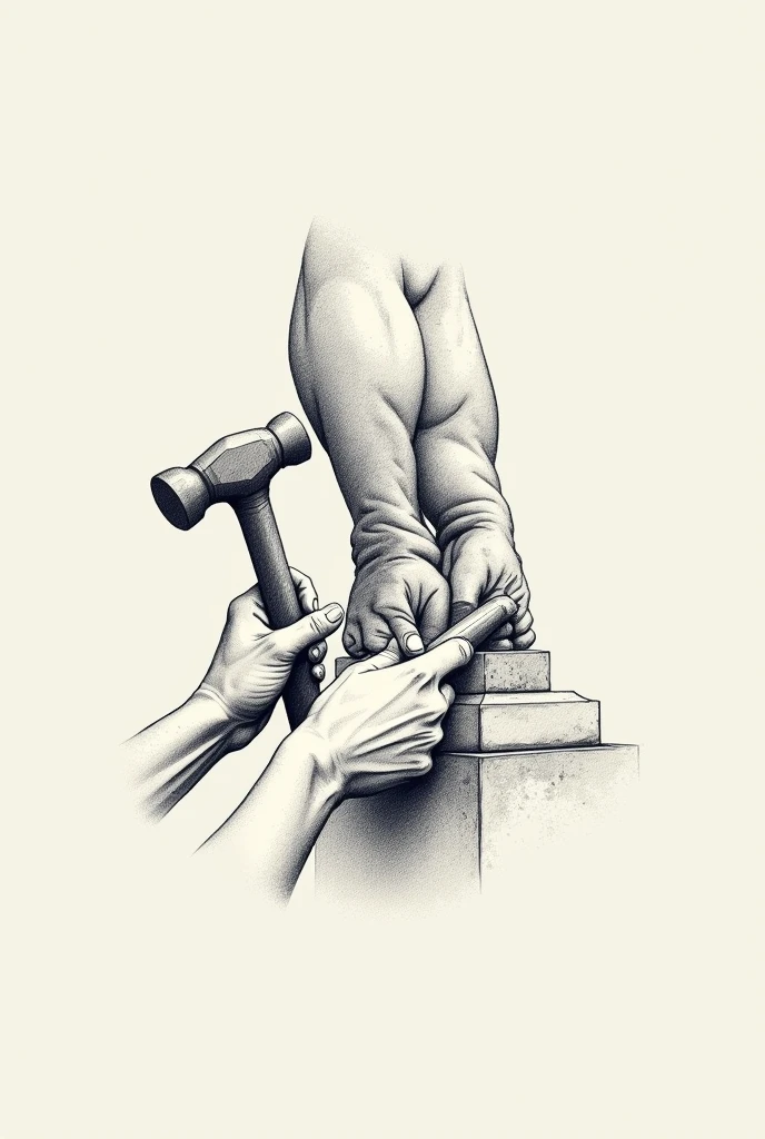 A minimalist sketch-style logo depicting a sculptor's hand holding a hammer and chisel, carefully chiseling a stone statue of two hands holding each other. The design should be simple, with clean lines and a monochromatic color scheme, suitable for a logo. The focus is on the sculptor's hands and tools, with a subtle indication of the statue in progress.