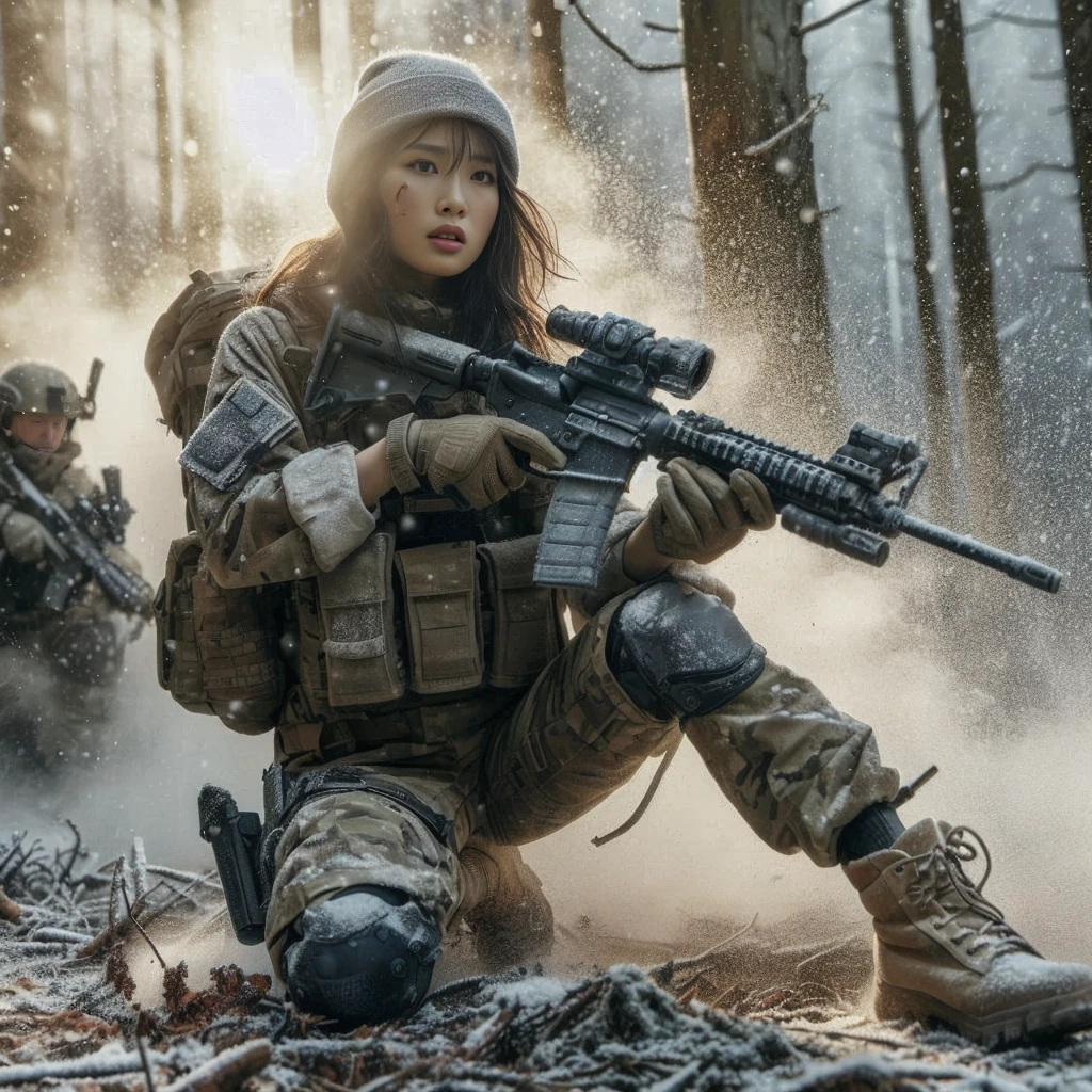 8k, Realistic photos, Realistic skin texture, Beautiful Japanese women serving in the US military、In the winter forest、explosion、Nick、
、They are yelling for immediate evacuation..、Automatic rifle、Bulletproof vest、Back back、boots、Covered in scars、Stern expression、Dynamic pose、Innovative Configuration、Dust is flying、fiction、My breath is white from the cold、wood々The sun shines between