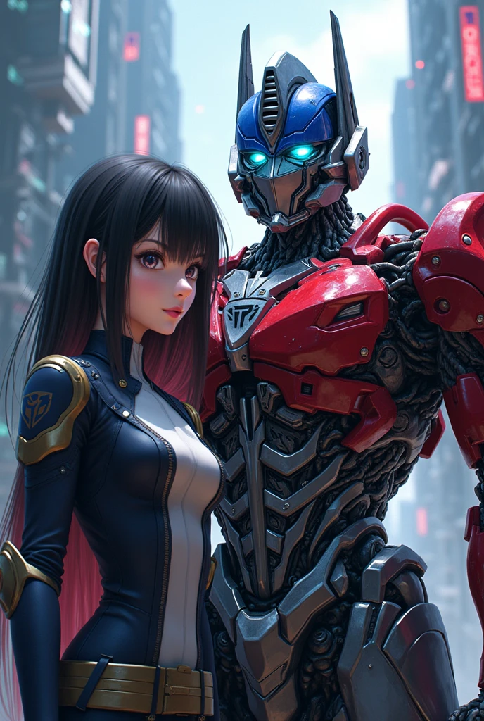 Ruka Sarashina, Optimus Prime Transformers, 1girl, detailed face, beautiful eyes, beautiful lips, realistic, high quality, 8k, photorealistic, hyper detailed, intricate details, complex background, Cybertron landscape, Autobot insignia, futuristic cityscape, Transformer armor, glowing energy effects, cinematic lighting, dynamic pose, epic scale