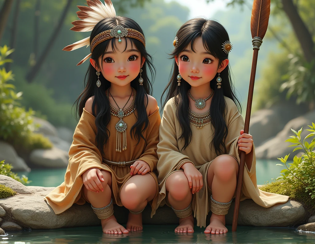 Realistic image of a 2 Asian girl, rosy cheeks, glossy lips, classic Native American pose, sitting on a moss-covered rock, feet next to a small stream, happy face , silver earrings, a necklace crafted with precious stones, long soft feathers combined to form a headdress, animal skins crafted into her outfit, her hand holding a spear wooden, landscape depth