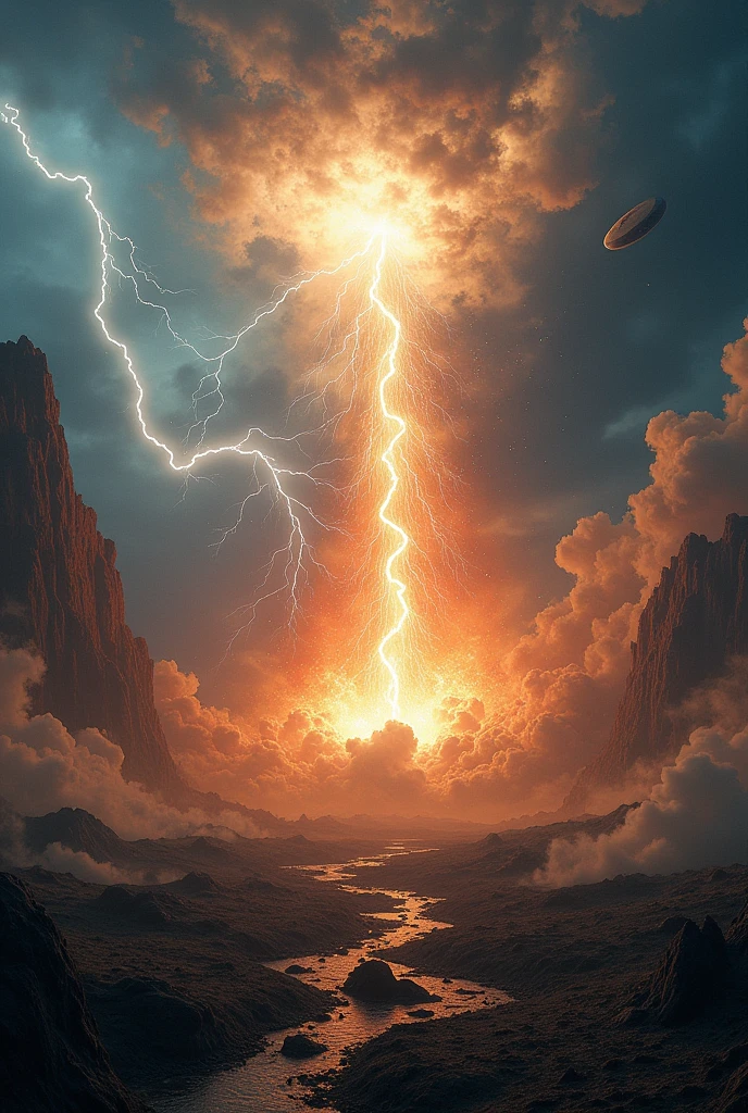 A meteorite hits the earth, there are debris, storms, lightning, realistic images, very high resolution.
