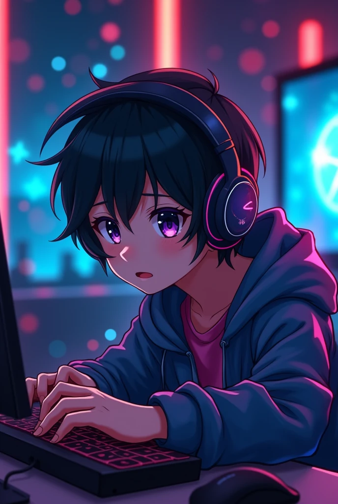 Make a gaming logo, a anime character playing the game in his PC  with headphones and asthetic look with background rgb lights 