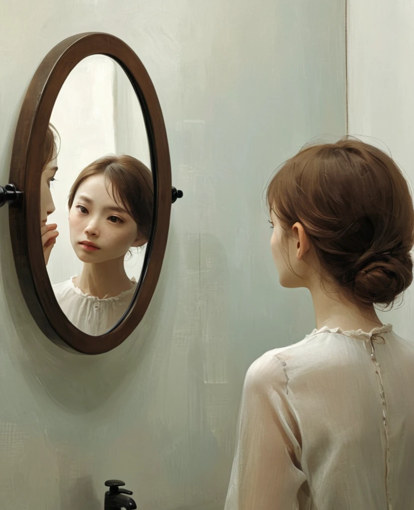 "A person facing the mirror，The reflection in the mirror appears false and fragile"