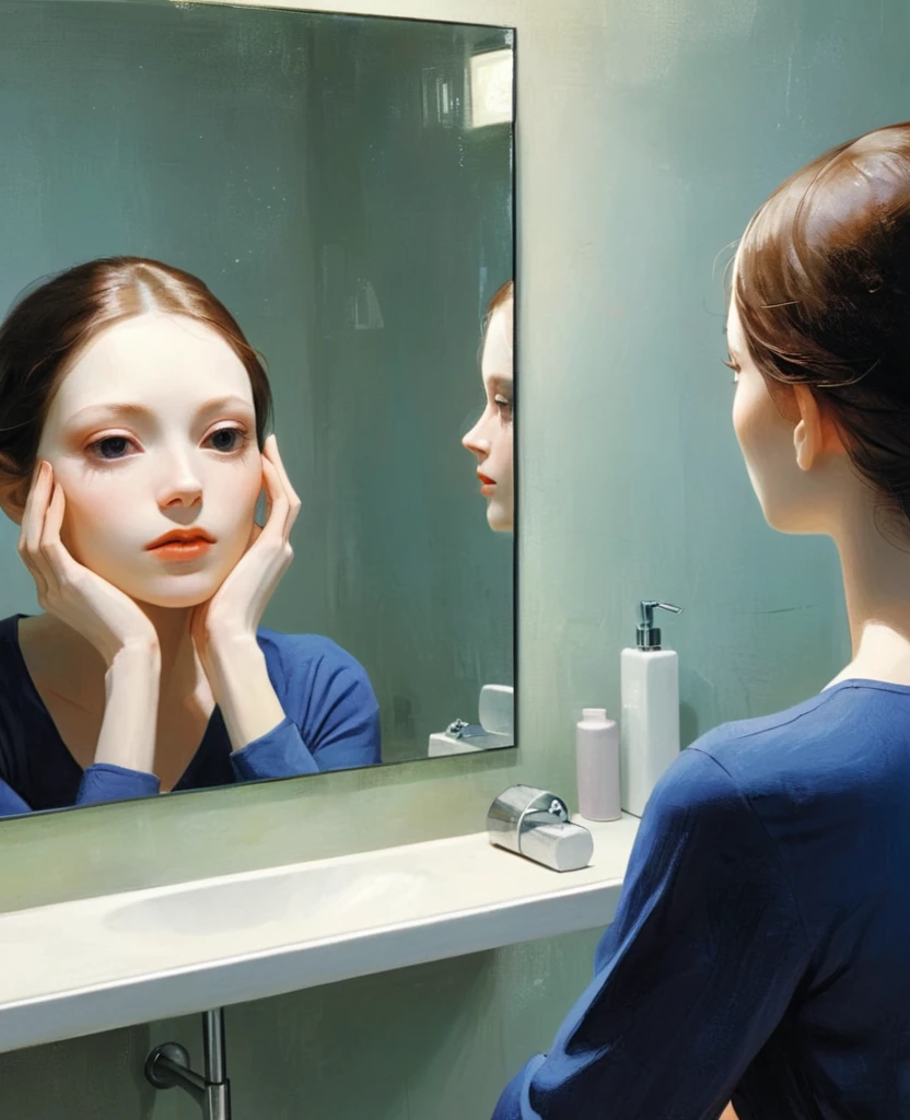 "A person facing the mirror，The reflection in the mirror appears false and fragile"