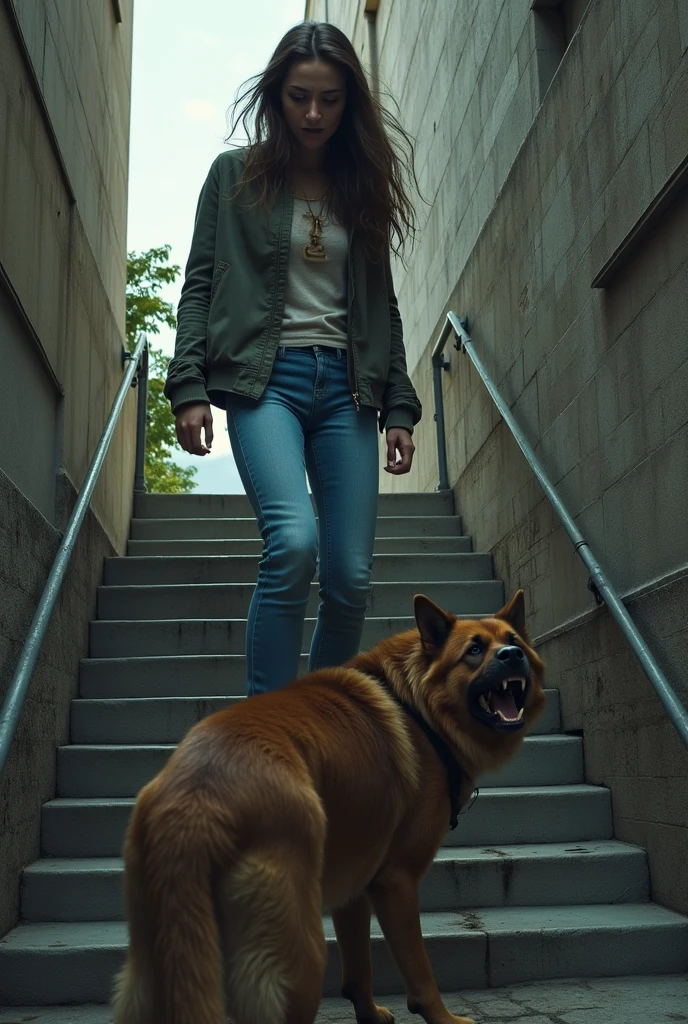 A young woman named Aline is standing on a stone staircase, visibly terrified. She is wearing blue jeans with a noticeable urine stain on them. Her face shows intense fear as she recoils from a menacing dog at the bottom of the stairs. The staircase is in an outdoor, urban setting, adding to the tense atmosphere of the scene.