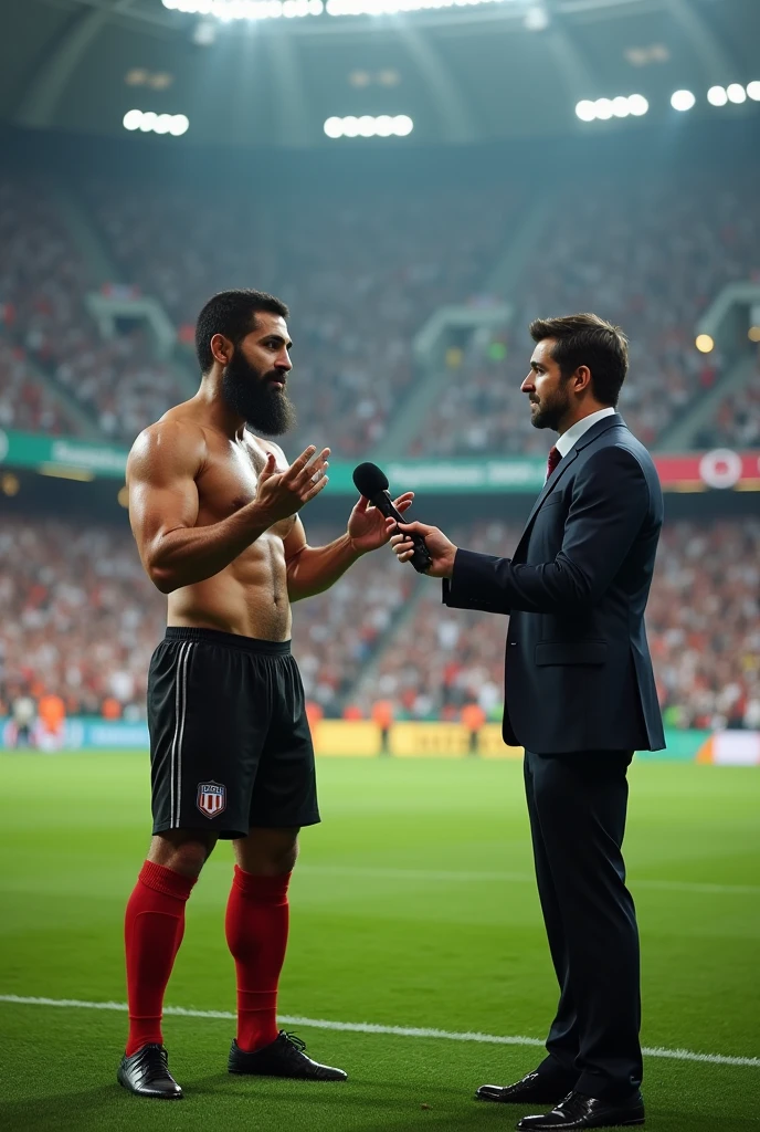 Iranian football player strong hairy bearded full beard, wearing no shirt, black shorts and red socks and black boots, giving an interview for a television program, at the field, gesturing, next to the reporter, big football stadium full of people.