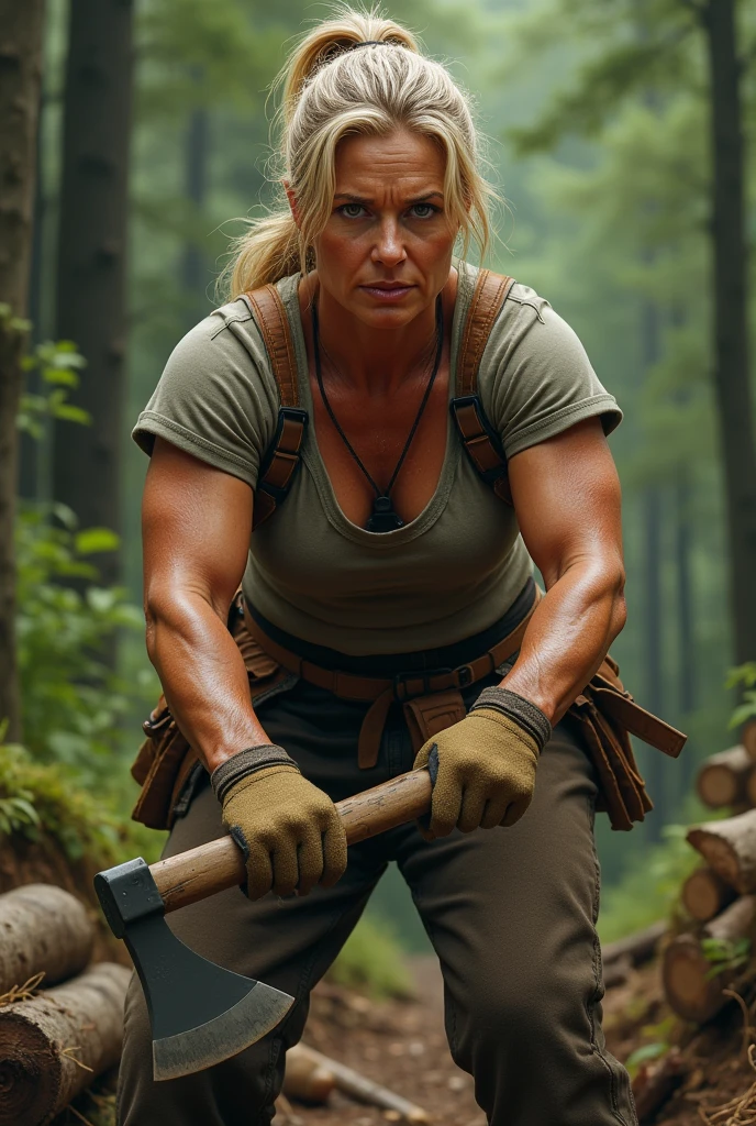 blond,woodcutter,robust,Woods background,woman,tie a ponytail,biceps,Work clothes,Good figure,Handsome,Cotton gloves,60 years old