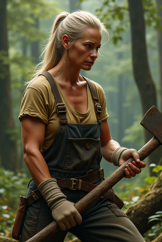 blond,woodcutter,robust,Woods background,woman,tie a ponytail,biceps,Work clothes,Good figure,Handsome,Cotton gloves,60 years old