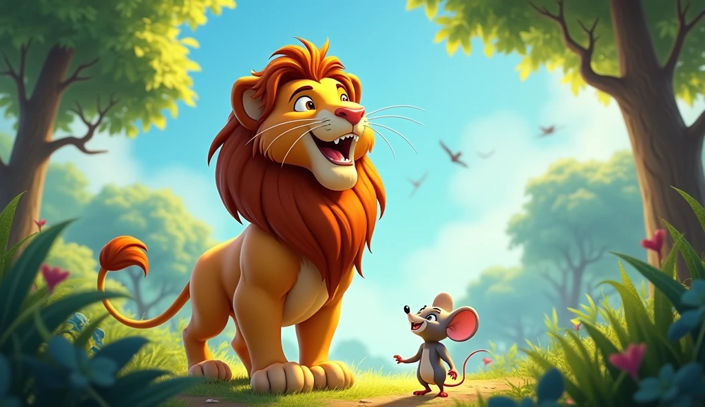Prompt: "The lion, finally free from the net, stands up tall, stretching his body with a look of relief and gratitude towards the mouse. The mouse looks proud and happy beside him. The background is a bright, open forest space with birds flying in the clear blue sky, symbolizing freedom."3D animation Disney inspired