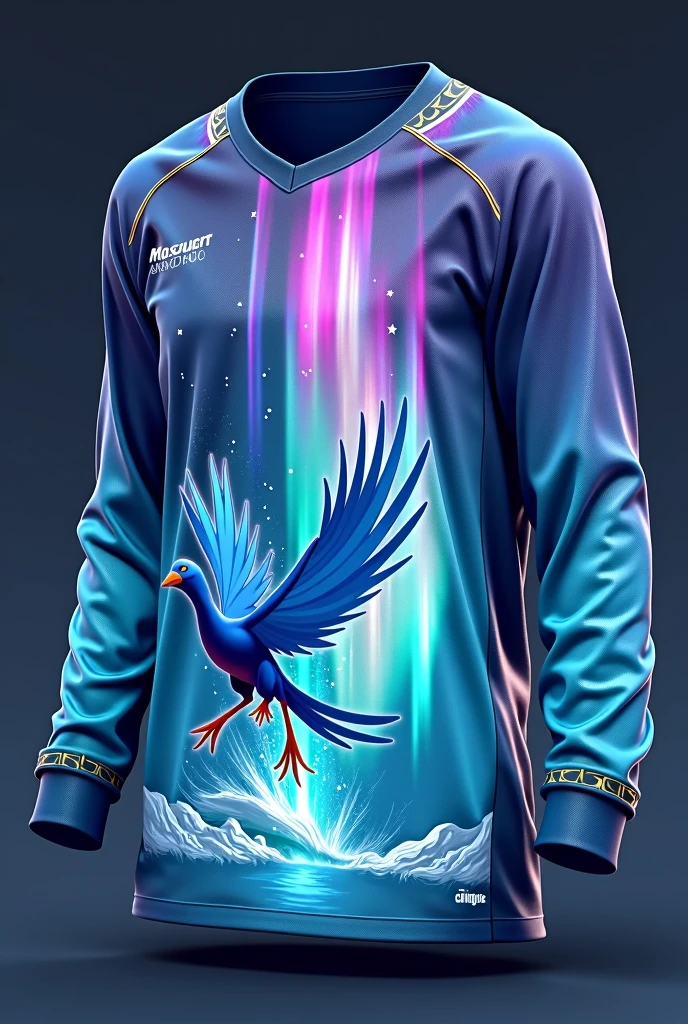 Create a jersey design with following ideas
Color Palette: Mix of deep blues, purples, greens, and icy whites, mimicking the aurora borealis.
Articuno and Aurora: Place Articuno in a flying pose on the bottom front of the jersey, with the fading effect
Gradient Effect: Use a gradient effect to transition from the dark of night to the colorful lights of the aurora as you move down the jersey.
Stars and Ice Crystals: Scatter subtle star patterns and small ice crystals across the jersey, adding a magical feel.
Borders and Cuffs: Use darker, more solid colors for the borders and cuffs to frame the design and make the colors pop.