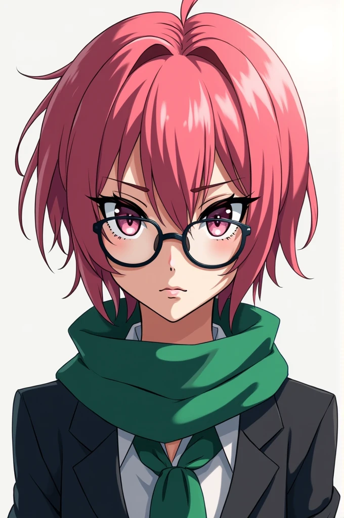 Anime Character design with pink hair and glasses wearing green scarf with serious sharp looking eyes