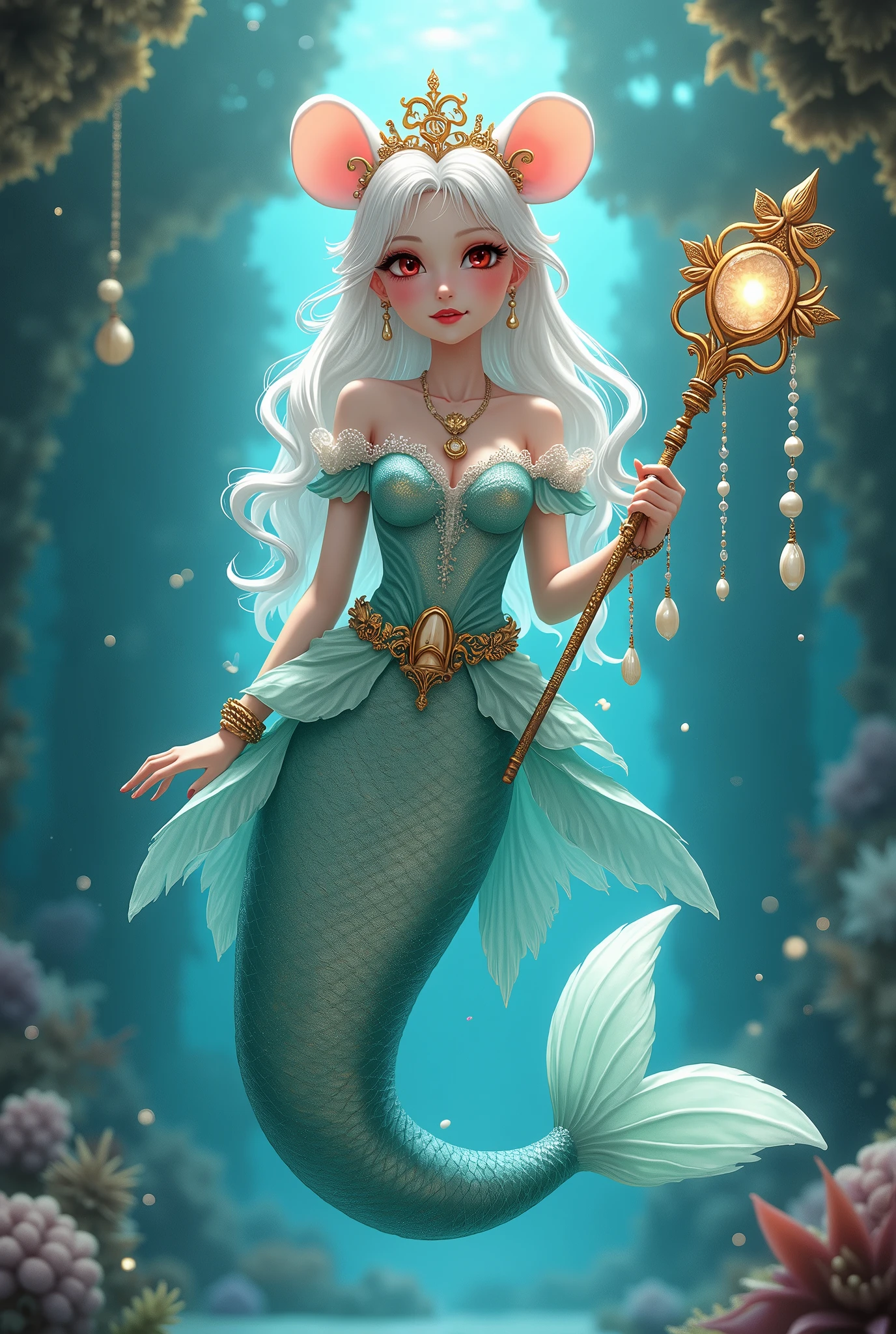 (best quality,4k,8k,highres,masterpiece:1.2),ultra-detailed, drawn in 2D anime style, Pretty albino girl magically transformed into a beautiful mermaid princess, the princess of the sea, race swap, fantastic transformation, sharp teeth, beautifully detailed lips with lipstick, she’s smiling, steampunk, fishlike, wet body, very long curly white hair adorned with hair accessories, red eyes with long eyelashes, white fur, slim body, red manicured nails, whiskers, mouse ears with pearls earrings hanging from them, long mermaid tail below waistline with shimmering cyan fish scales, pelvic and dorsal fins, a pair of fish gills on her torso, highly detailed seashell bra with intricate patterns, pearl and gold bracelets, pearl necklace, tiara made of seashells, cute turquoise princess dress, iridescent colours, physically-based rendering,gorgeous frilly dress design,flowing gown,elaborate lace details,rich textures,contrast stitching,delicate ribbon bows,fish scale accents,translucent flowing layered sleeves, translucent skirt,fitted waistline,lace-up back,luxurious fabrics,flawless silhouette, joyful expression, sparkling water, water reflections, ethereal atmosphere, subtle glow, whimsical and enchanting, gracefully swimming in a hallway, she is holding a magic staff made of seashells and pearls, underwater castle interior, intricately decorated room, magical underwater lighting, vivid colors, breathing underwater, endless ocean depths, light filtering through the water.