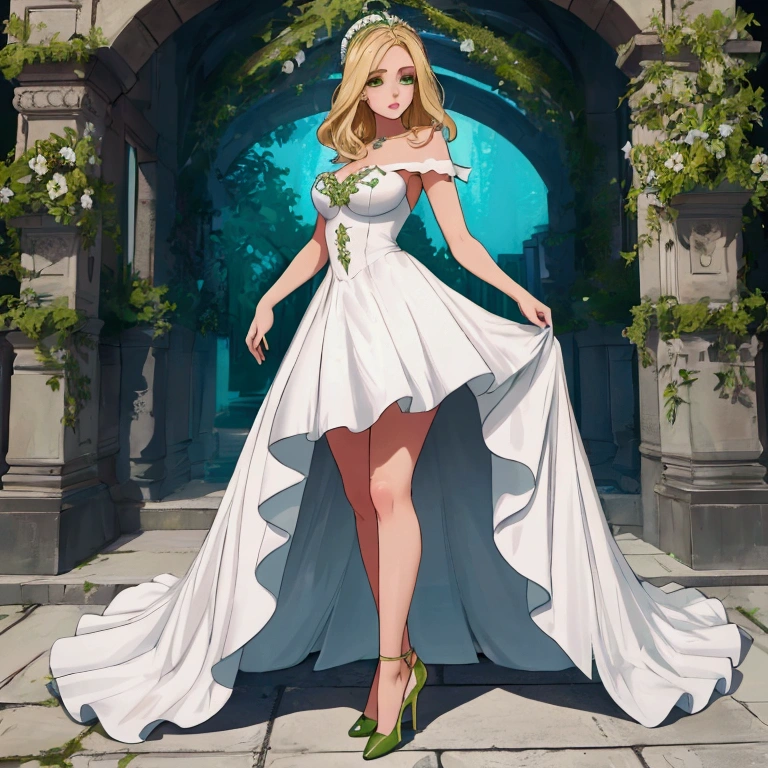 high quality, 8k quality, ultra detail, 1girl, Makeup, highest quality, blonde hair, emerald green eyes, high heel shoes, white dress, standing pose, full body shot, bare legs, cute face, enchanting expression,