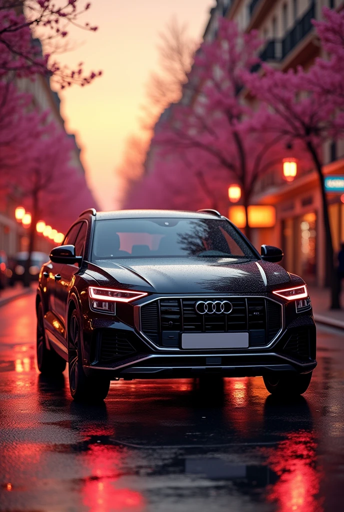 Black audi q8 in paris with orange and pink light
