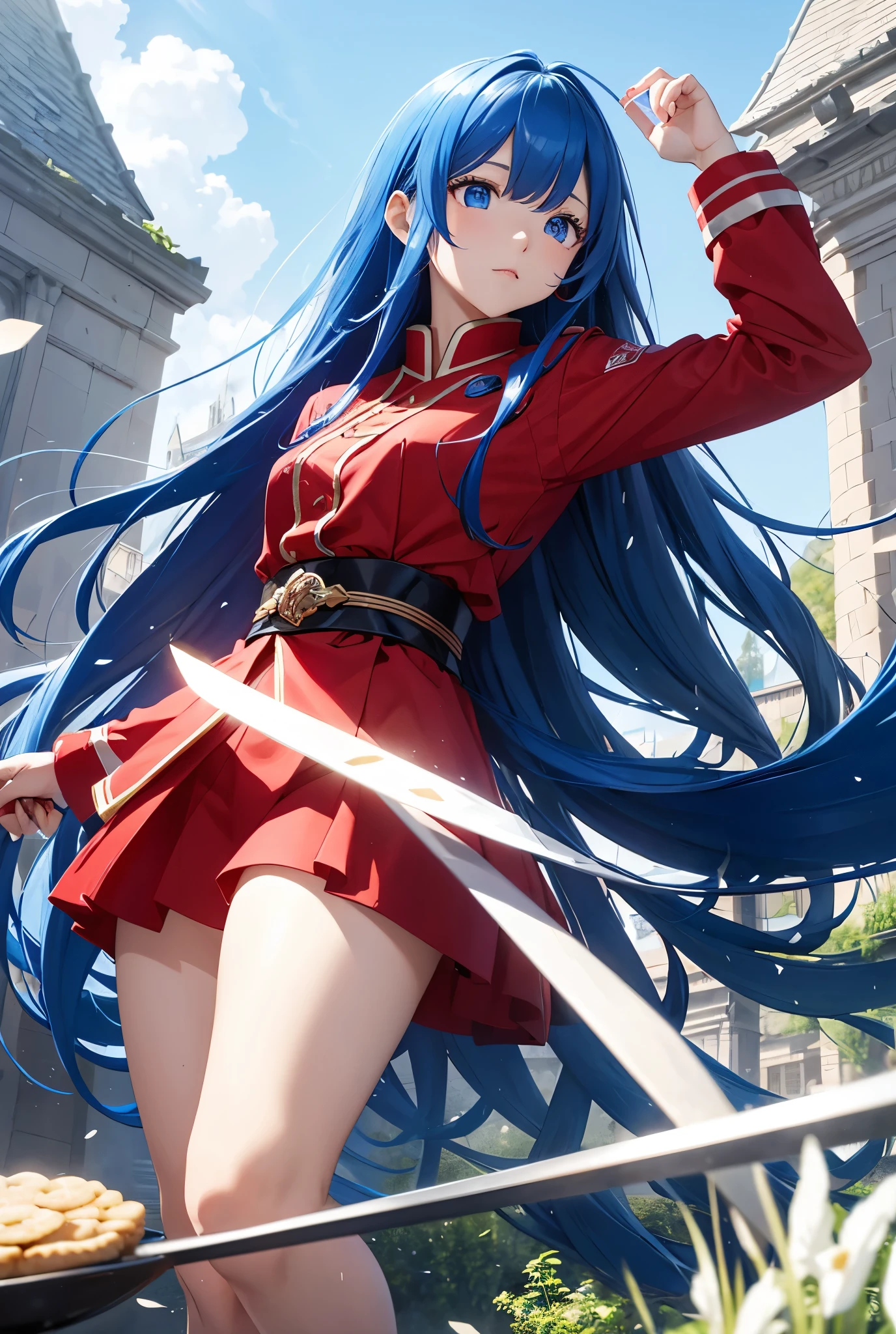 Long Hair、Winding rice crackers。
Her hair and eyes are blue。
Wearing a red adventurer outfit。Lowering the sword to the waist。
She is a girl with a bright personality.。