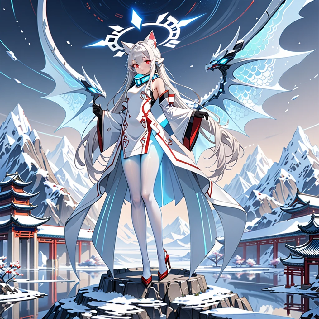 masterpiece, highest quality, highest resolution, clear_image, detailed details, white hair, long hair, 1 girl, cat ears, red eyes, futuristic halo, white sci-fi china dress, detached sleeves with black gloves, white scarf (around the neck withn a light blue glow), 12 white futuristic dragon wings, white pantyhose, full body, no water marks, snowy mountain