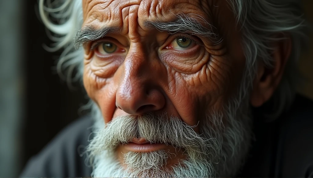 "Imagine a wise old man in high definition, whose wrinkled face tells stories of wisdom and experience. Detalhe cada ruga, Every trace of his face, revelando a jornada que ele percorreu. Describe the way he looks perceptively at the horizon, as if seeing beyond what the eyes can reach. Light the scene to highlight your majestic, tranquil presence, conveying the feeling that he holds ancient secrets and profound knowledge."