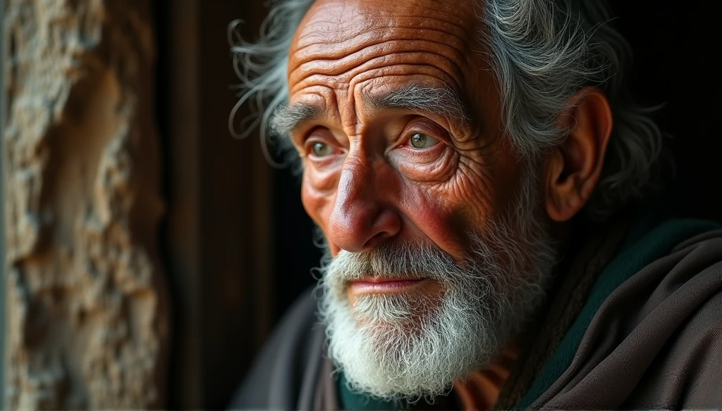 "Imagine a wise old man in high definition, whose wrinkled face tells stories of wisdom and experience. Detalhe cada ruga, Every trace of his face, revelando a jornada que ele percorreu. Describe the way he looks perceptively at the horizon, as if seeing beyond what the eyes can reach. Light the scene to highlight your majestic, tranquil presence, conveying the feeling that he holds ancient secrets and profound knowledge."
