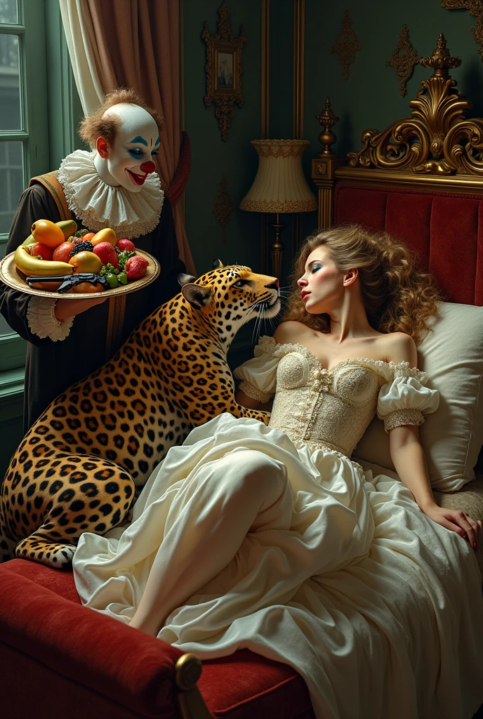 Beautiful woman in baroque clothes in a room lying on a bed, Leopard runs his tongue over his body and a clown brings him a tray with food, fruits and a revolver gun