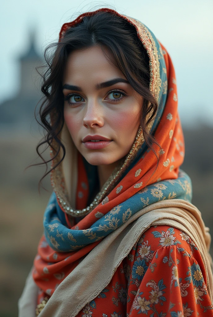 ((Half Body woman))perfect eyes, fantastic face, MiddleEastern, beautiful look, ((light lips, bright eyes, curve heir 1.5)), (((beautiful details very huge breast ))), (Straight round and ultra huge clevage breast), A glorious gorgeous, glorious gorgeous face, pretty face, bright eyes, (detailed different Colourful elegant Hijab with Designs with Voile, Textile with sleeves In Multi Colors), updo elegant hair, blurred gray tones background, ultra focus, face ilumined, face detailed, 8k resolution, painted, dry brush, brush strokes, razumov style and garmash style, by Tokaito, (fluorescent colours:1.4),(semi transparent:1.4),(retro filters:1.4),(fanciful:1.4), Soft Fluffy Soft Landscape Light Soft Whimsical Light Egeskov Castle Background Ultra Realistic Ultra High Quality Cinematic Lighting Huge Details Full HD Painting Plenty of light,diagonal bangs, Hijab With Hijab Headwear in Colors ,side masterpiece, best qualityer, realskin,(sportrait:1.5), 1girll, bluntbangs, (long wavy hair), (((Egeskov Castle Background Behind her))), ((((Sexy Chubby Body Shape With Wide Sexy Hips)))), (((Half Body Portrait Photo))) (((Sexy Pose))), (((Huge And Butt)))