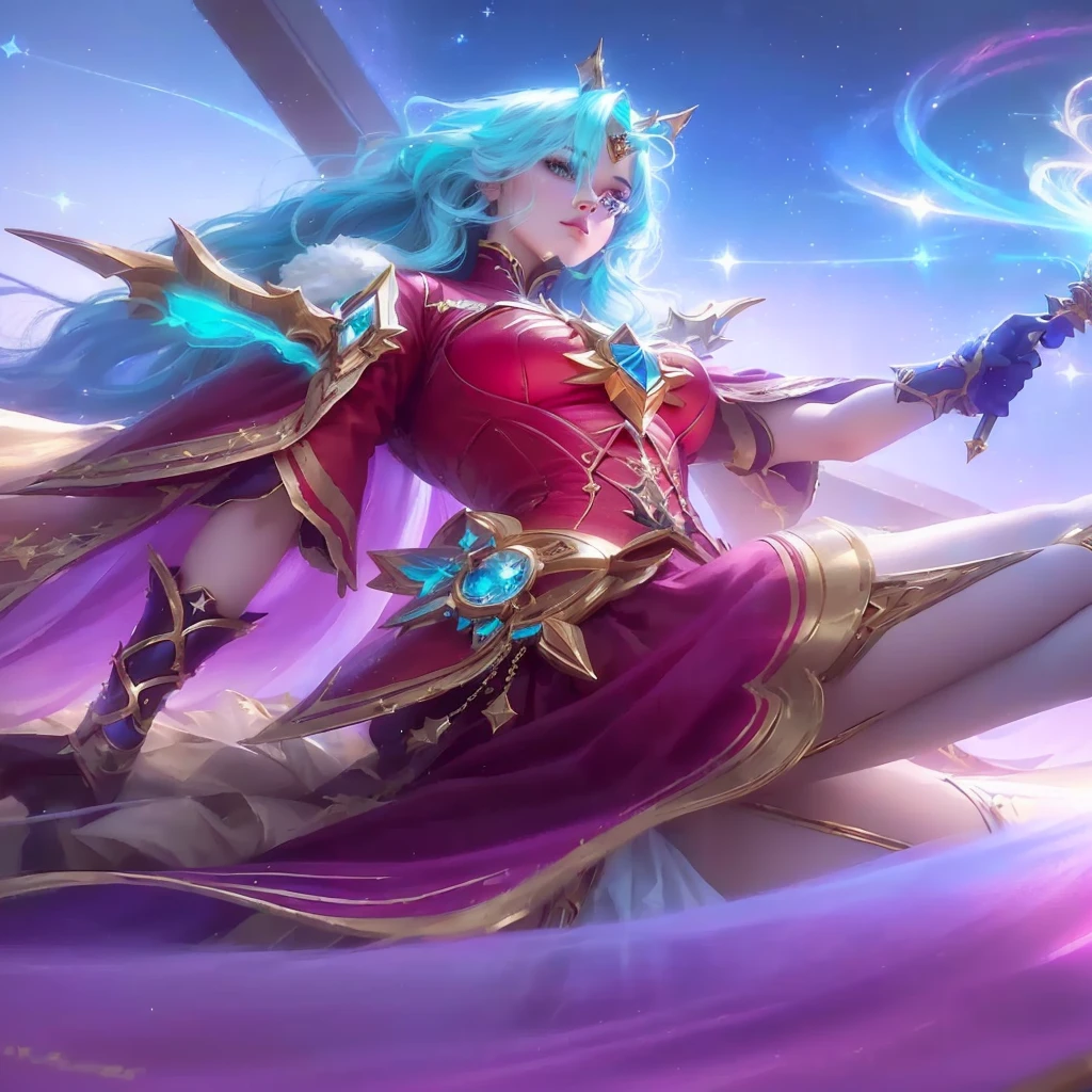 a woman in a red dress holding a wand and a star, beautiful celestial mage, extremely detailed artgerm, portrait knights of zodiac girl, ig model | artgerm, knights of zodiac girl, style artgerm, irelia, ! dream artgerm, star guardian inspired, style of artgerm, artgerm lau , colorful background, 3d, realistic, photoshoot, real 3d, looks like real