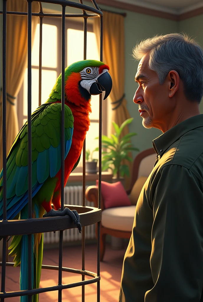 One parrot in locked cage in house and one man seeing parrot