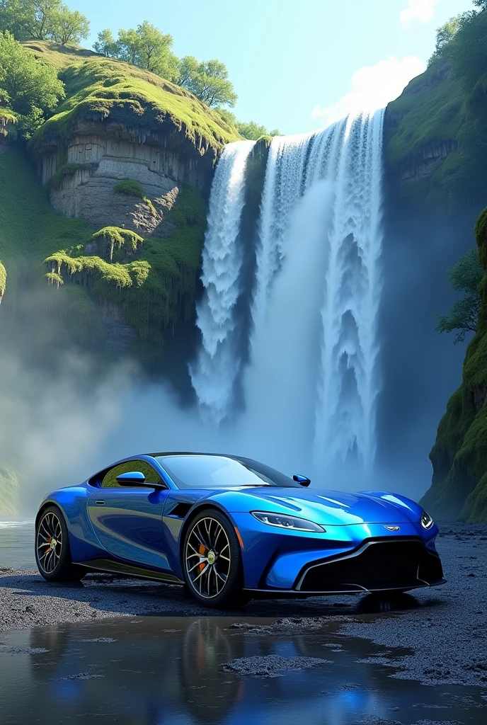 Blue car with water fall 