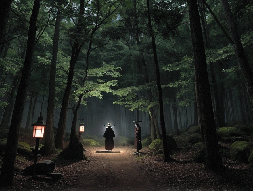 ritual in a forest Horror Japanese style darkness More than one person night