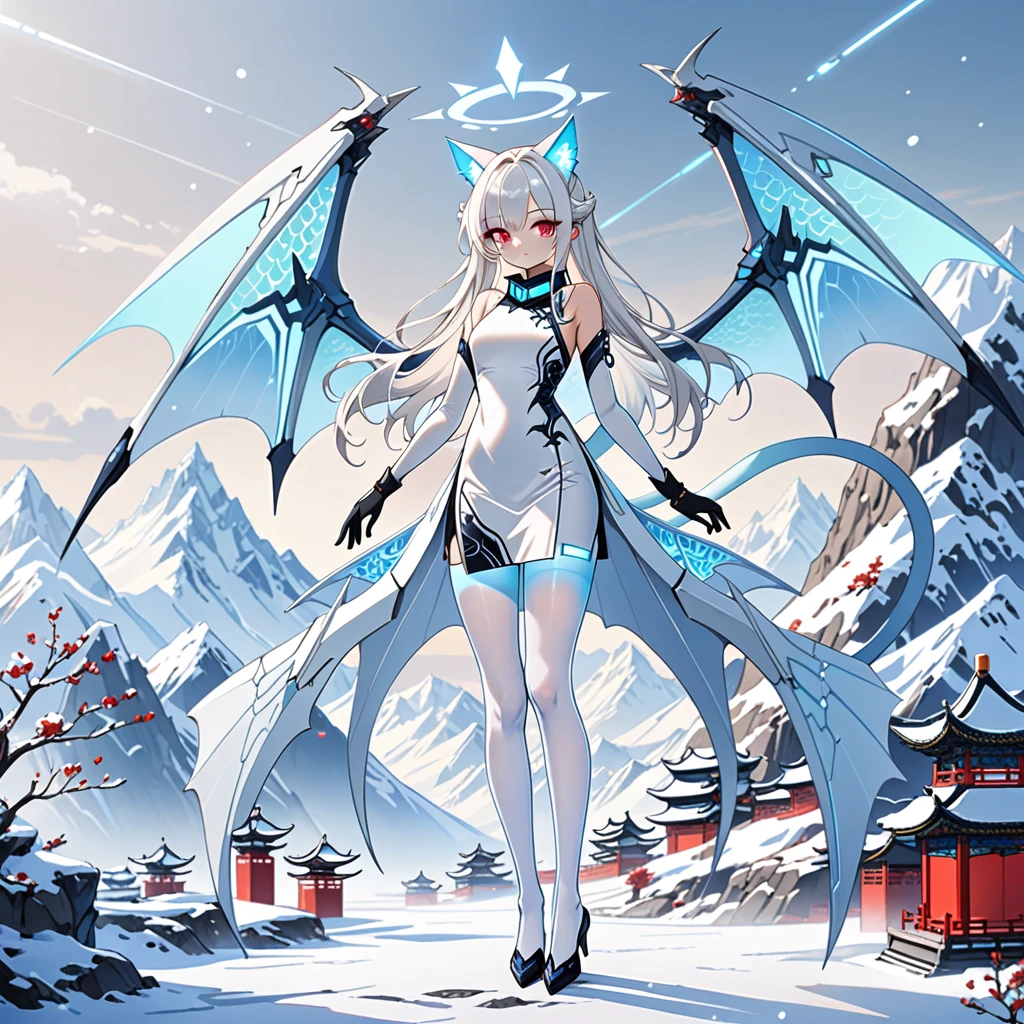 masterpiece, highest quality, highest resolution, clear_image, detailed details, white hair, long hair, 1 girl, cat ears, red eyes, futuristic halo, white sci-fi china dress, detached sleeves with black gloves, white scarf (around the neck withn a light blue glow), 12 white futuristic dragon wings, white pantyhose, full body, no water marks, snowy mountain