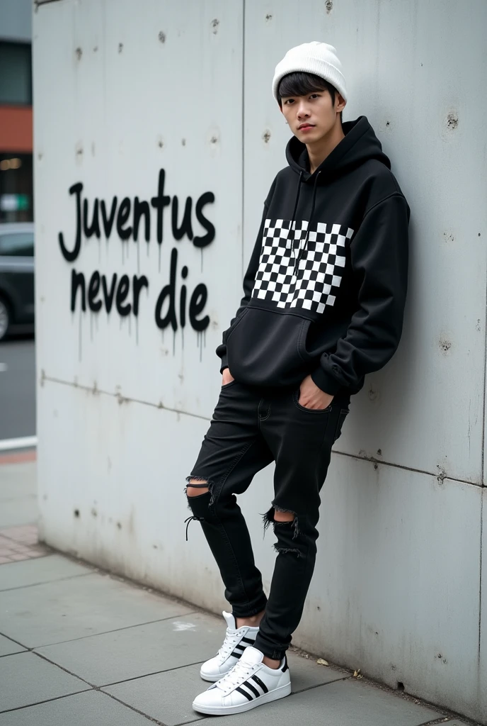 Featuring full HD high resolution images, A handsome Korean man wearing a black hoodie with a white checkered pattern, wearing black ripped jeans, Adidas white sneakers and a white beanie hat, seen leaning against a clean white concrete wall while facing the camera, on the wall there is graffiti writing in letters " Juventus never die", blur city street background, realistic