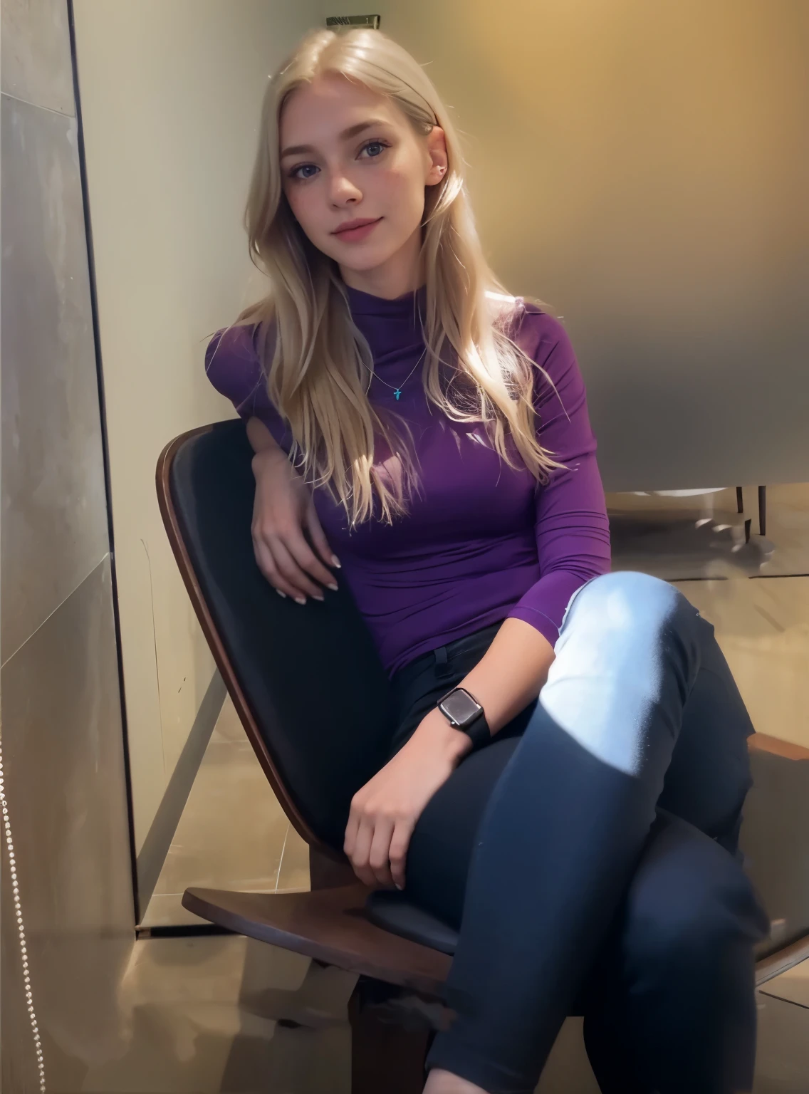 Woman, americana, age 25, pale skin and freckles, gray eyes, delicate nose, soft and delicate lips, far away, cabelo blondie far away e ondulado na altura da cintura, sweet smile, face with delicate feminine facial features, highly rendered