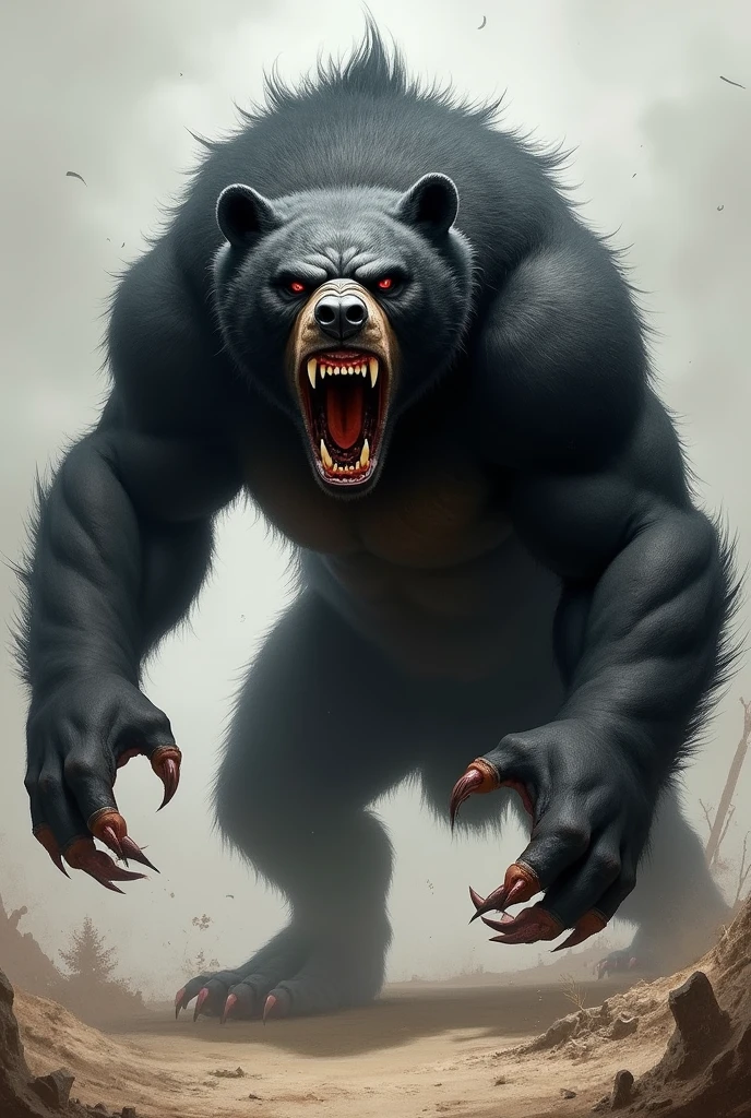 Close rosto negro pardo viking, open claws , hairs standing on end and muscles tense, attacking the prey with its claw.