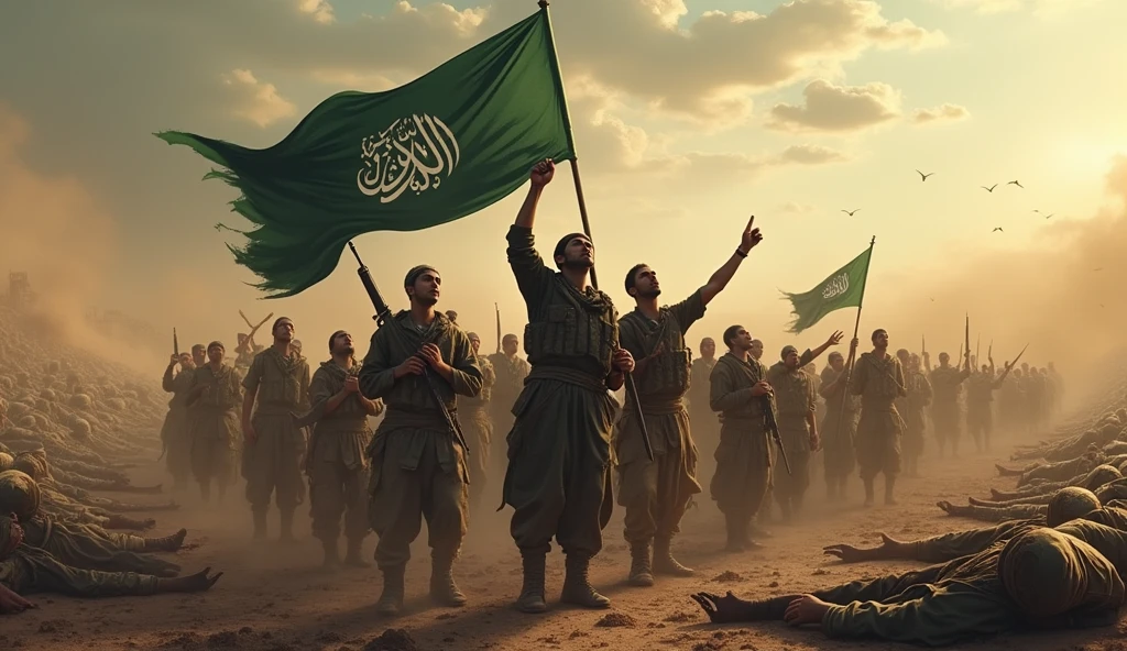 A battle field some Muslim youth holding the flag of Islam looking at the sky and shouting thousands of people are dead behind