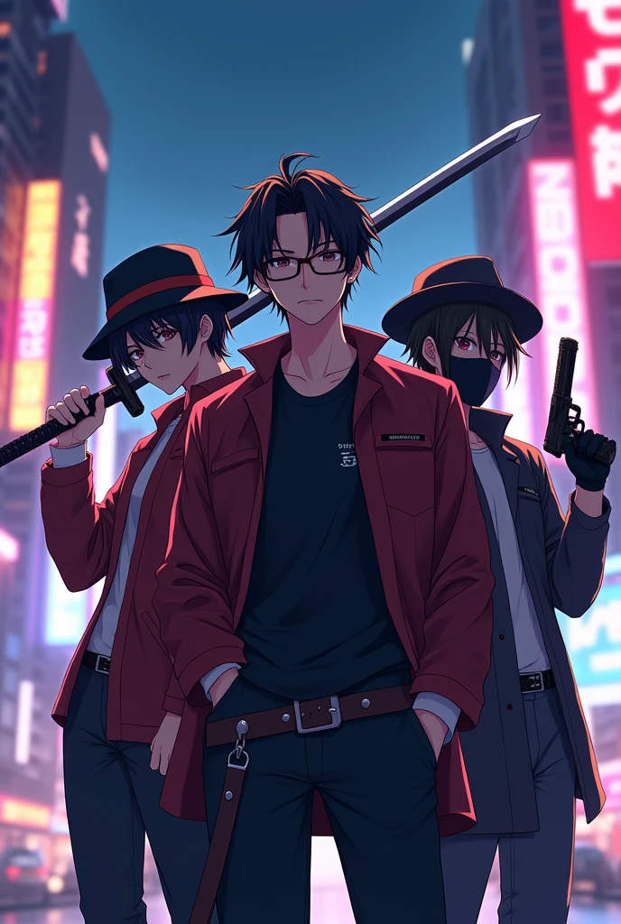 Create three anime character:
{character 1: {HD text:“Pras"}, use glasses, use katana}; 
{character 2: {HD text: “Nando"}, use hat, use pistol}; 
{character 3: {HD text: “Doma"}, use mask, use stick baseball};

{{background: capital text:“GLBK”, city night}}, realistic, HDR, handsome, korean style, full body, age 20