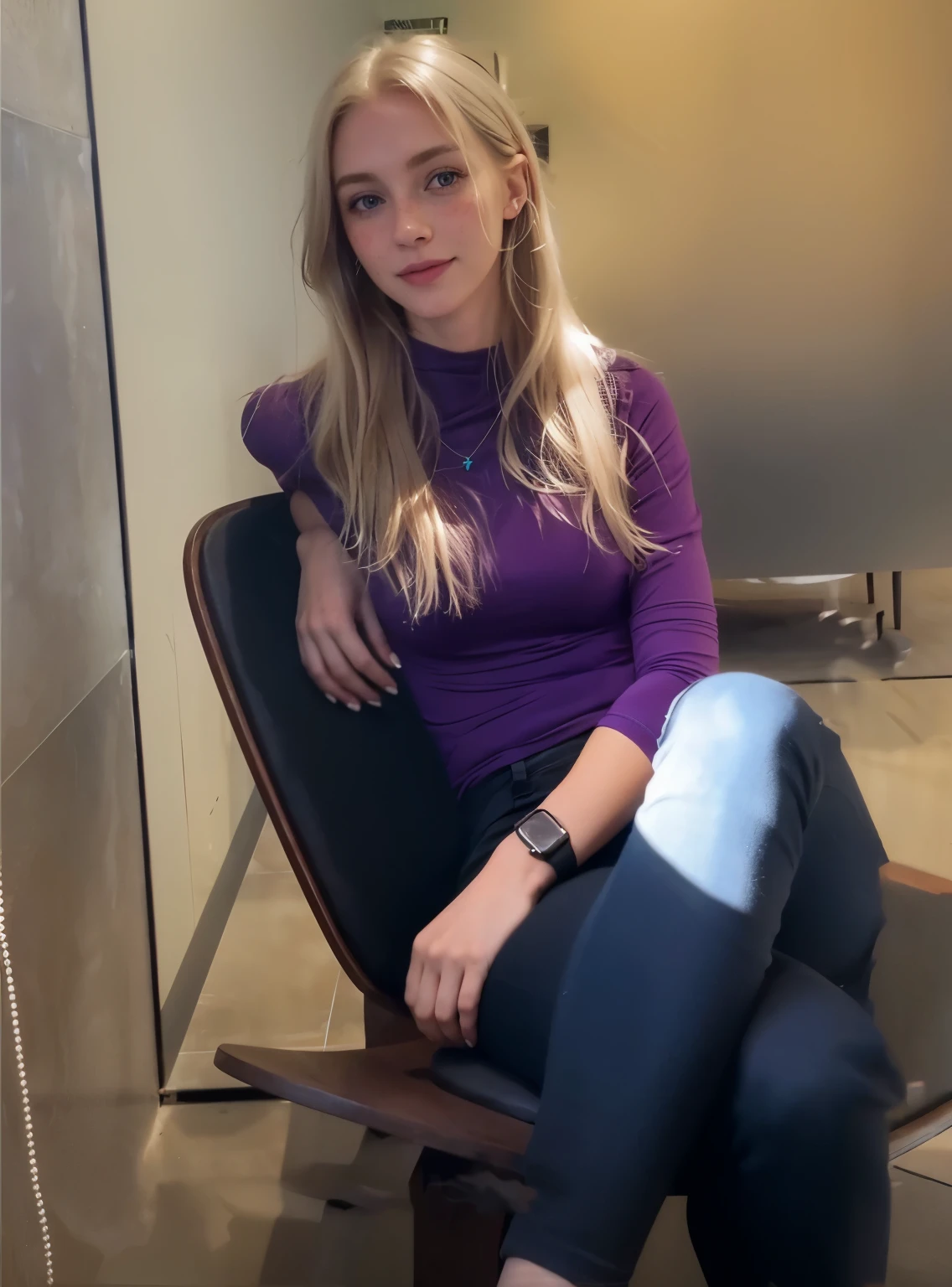 Woman, americana, age 25, pale skin and freckles, gray eyes, delicate nose, soft and delicate lips, far away, cabelo blondie far away e ondulado na altura da cintura, sweet smile, face with delicate feminine facial features, highly rendered