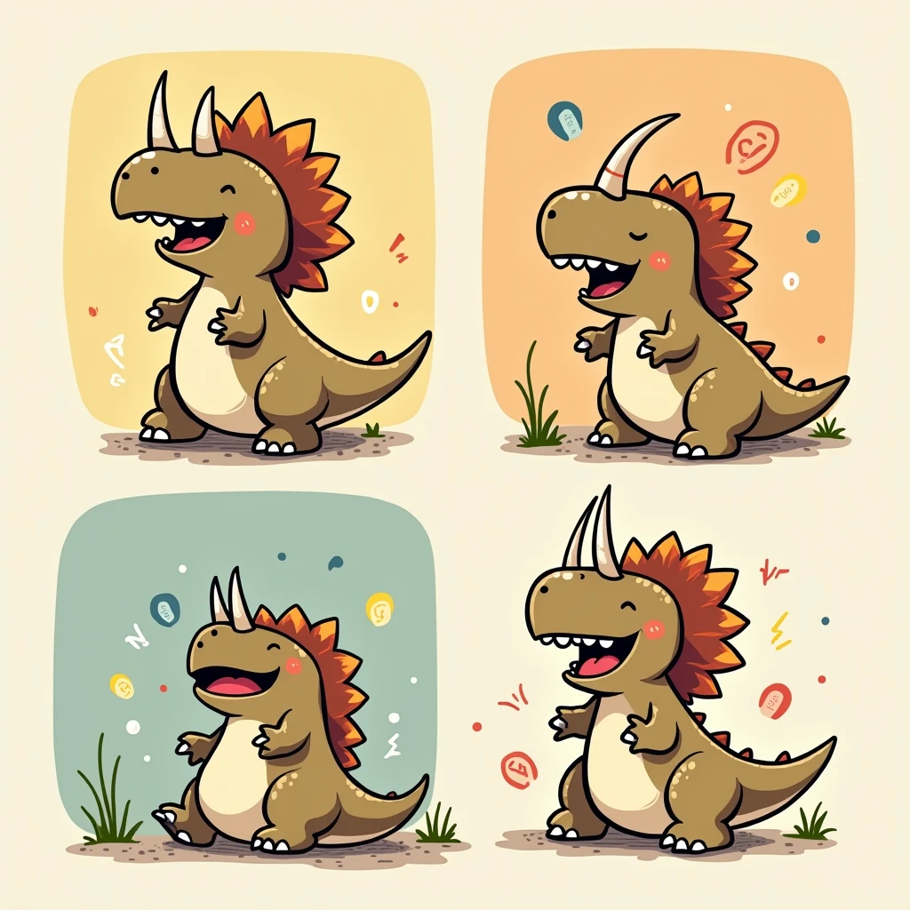 Chibi Style, Four-panel comic strip, dot halftone, Flat Color, Laughing Triceratops,Laughing with your stomach in the air,color々How to laugh,