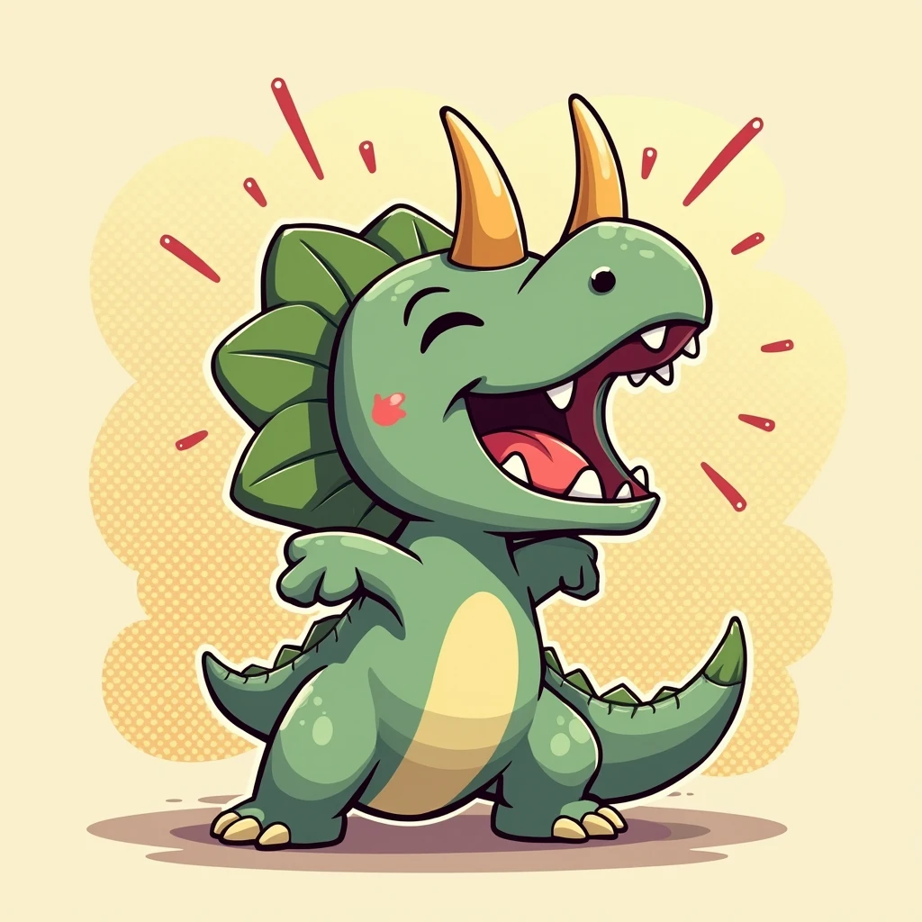 Chibi Style, Four-panel comic strip, dot halftone, Flat Color, Laughing Triceratops,Laughing with your stomach in the air,color々How to laugh,