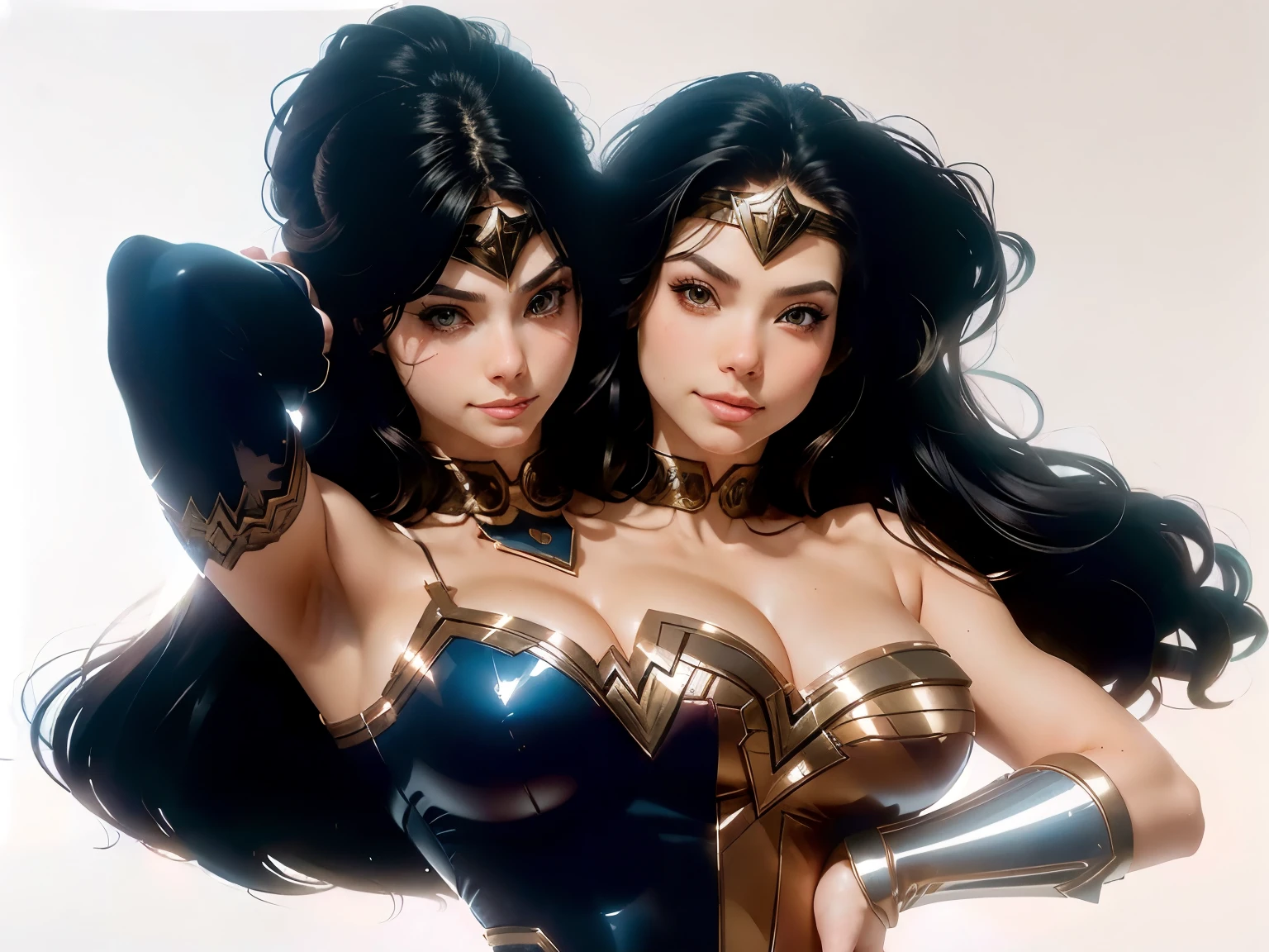 (2heads:1.2), a close up of two women in costumes with one holding a sword, artgerm and genzoman, artgerm and lois van baarle, style artgerm, artgerm style, artgerm comic, made with anime painter studio, range murata and artgerm, extremely detailed artgerm, wonder woman, anime art style