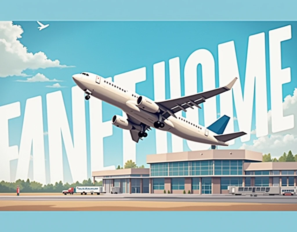 Design a dynamic travel poster featuring a commercial airplane taking off against a clear black night sky giving a sense of movement and urgency. The plane is captured in mid-flight, soaring above a modern airport terminal, emphasizing the theme of return and travel. The overall color scheme is golden dark night and airy, with a focus on the contrast between the sleek airplane and the text, creating a nostalgic yet exciting atmosphere of coming home.