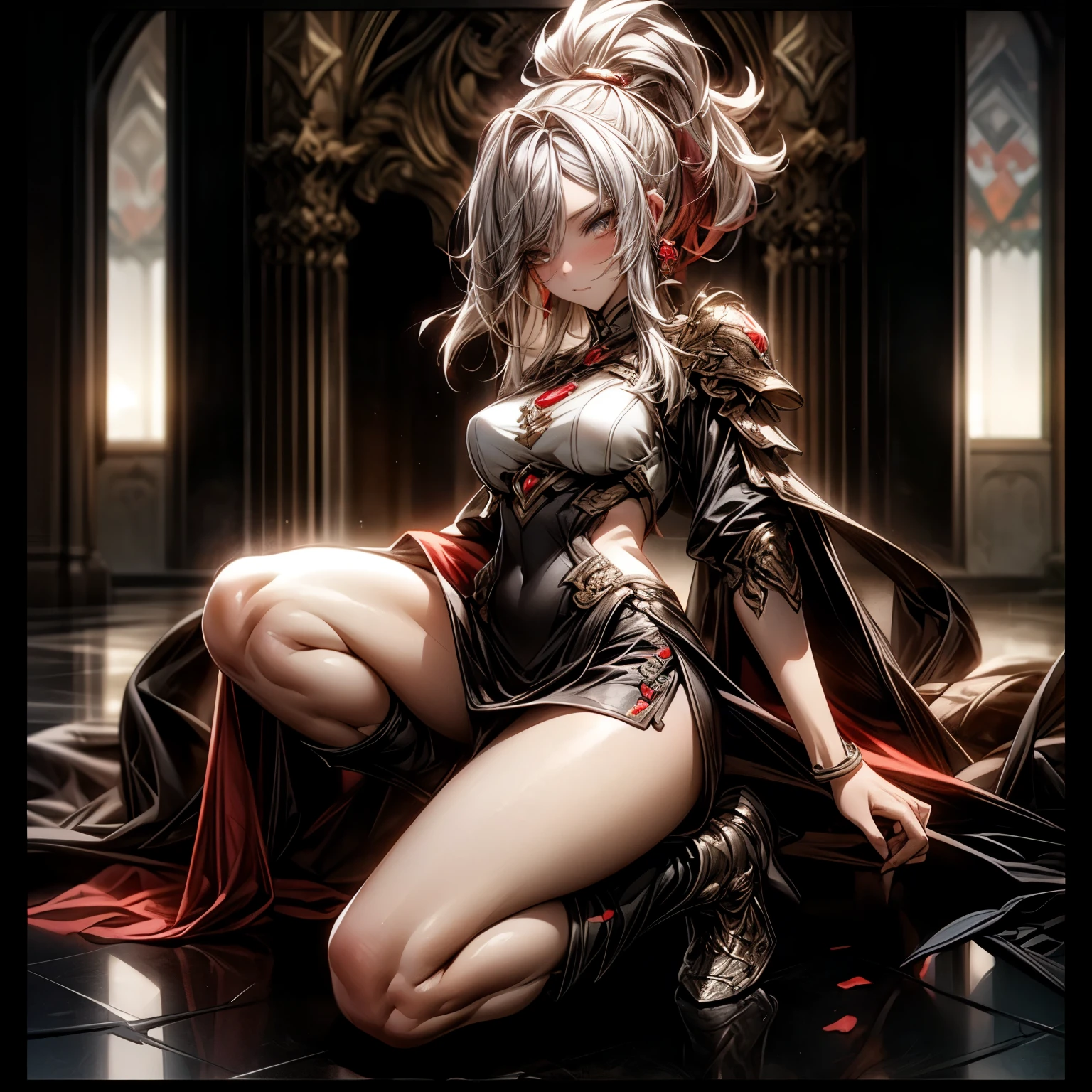 (best quality)), ((Masterpiece)), (details:1.4), 3d, HDR (high dynamic range), an image of a beautiful cyberpunk female, Cyberpunk, Fantasy, Red hair, High ponytail, Full body, Beautiful white eyes, จมูกโด่ง, ปากแดง, หน้าอกใหญ่, nvidia RTX, PBR surface, After processing, Anisotropic filtration,depth of field, Maximum clarity and clarity, multi-layered surface, Subsurface scattering, perfect proportions, 8K raw files, ultra detailed, Perfect proportions, volumetric lighting, soft lighting, Holy Paldin, Heavy Silver Armor, Red dress, glossy skin, intricate Silver embroidery, Castle background, jewely, ต่างหู, นิ้วมือสมบูรณ์, Red mini skirt, armor boot