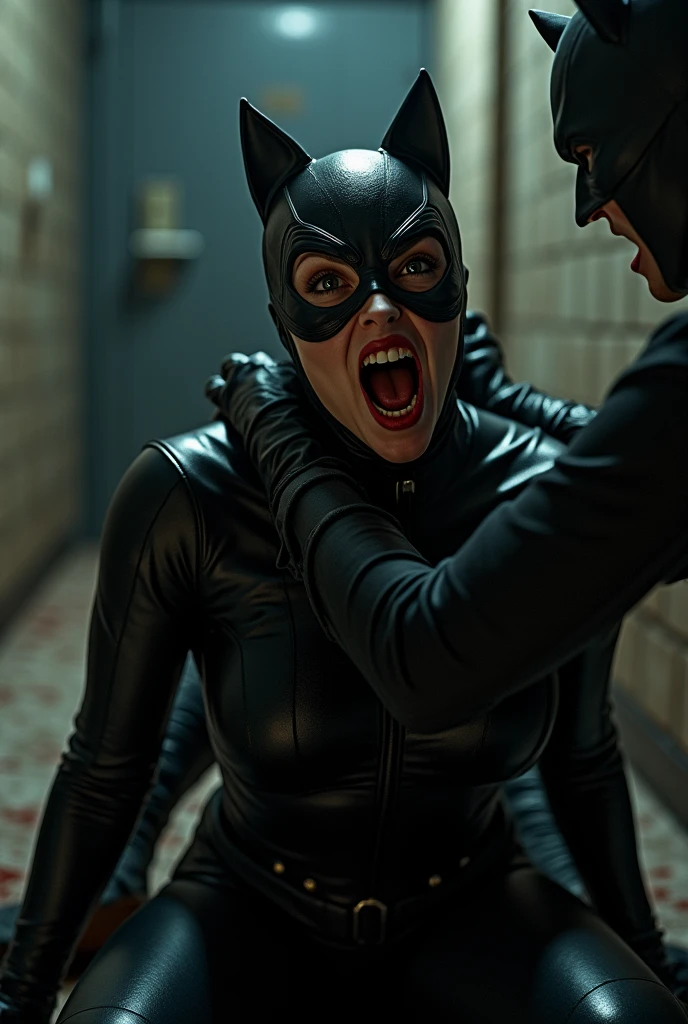 (8k, best quality, photorealistic, realisti, ​masterpiece), Catwoman, sexly, Nice, hot, horrified, gasping for air, screaming, is strangled by an evil man, who grabs her by the neck, strangle, choke, Catwomans Hals, Niceer Hals, Catwomans Long Neck, Choking, while she sits tied up on the floor in a basement. 