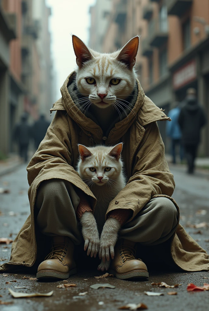 a human like cat wearing homeless human clothes who look like human sitting on the road with his babbies